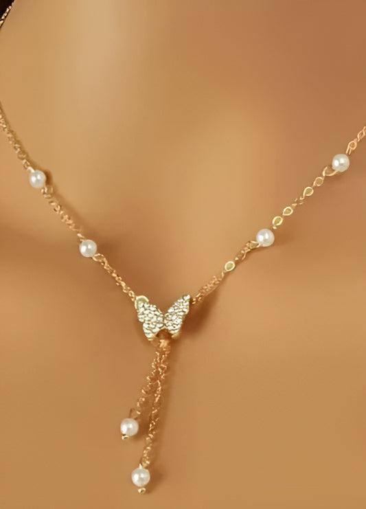 Gold Butterfly Pearl Choker Necklace For Women